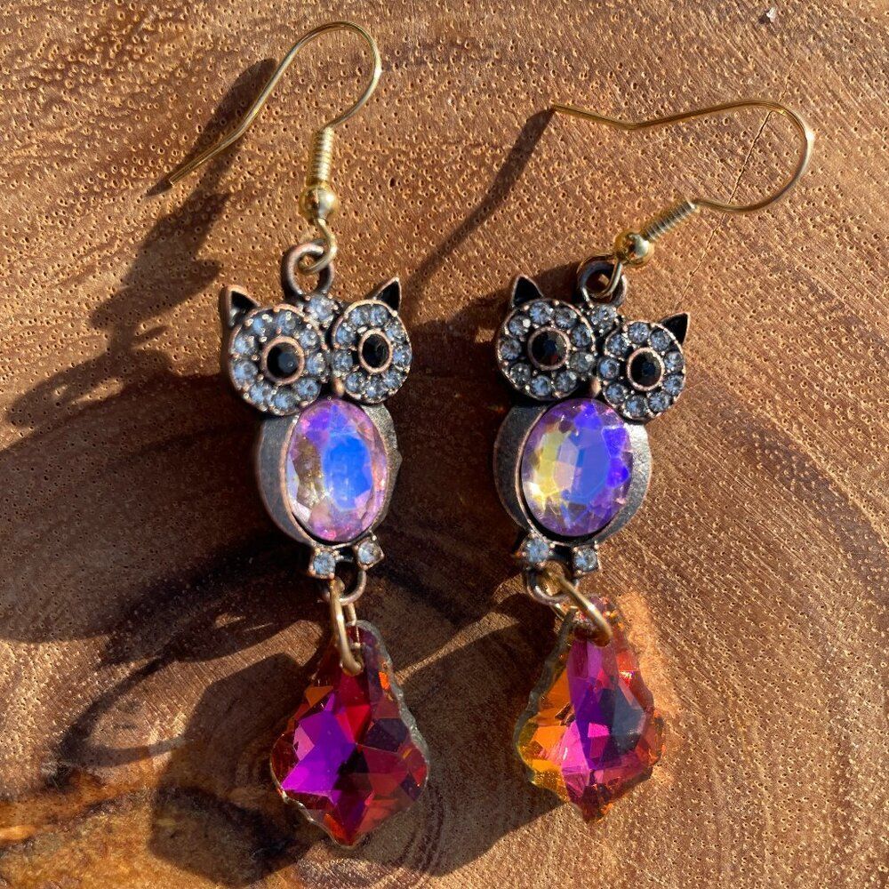 Owl Shaped Earrings with Pink and purple crystal accents animal rhinestone new